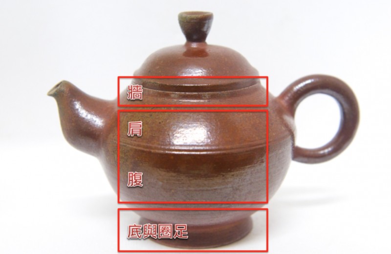 茶壺壺身的細部構造：牆、肩、腹、底與圈足。